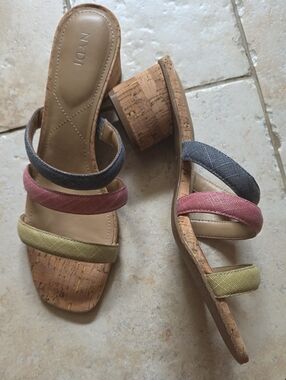 NYDJ Three-Stripe Cork Block Heel Slide Sandals in Olive, Rose & Charcoal